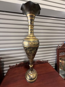 Large Hand-Painted Black & Gold Floral Floor Vase 39in See Photos