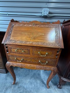 Antique Hand Carved Hardwood Slant Front Drop Down Secretary Desk with Fitted Interior