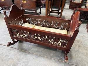Antique Carved Wood Baby Rocking Cradle with Mattress & Pillow