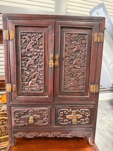 Chinese Style Carved Wood Tabletop Cabinet Jewelry Chest 2 Drawers