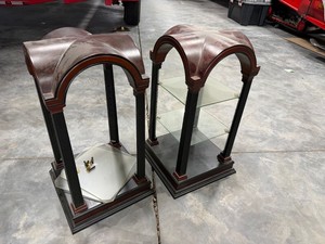 Pair of Neoclassical Display Pedestals with Glass Shelves Mahogany Finish