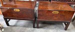 Pair of Burl Veneer Lift Top Storage End Tables with Brass Pulls