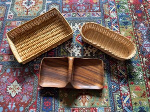 Vintage Wicker Baskets & Carved Wood Divided Serving Dish Set