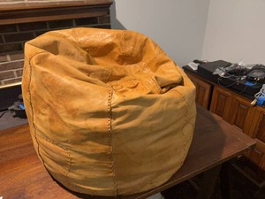 Vintage Brazilian Patchwork Leather Bean Bag Floor Pouf Chair Tan