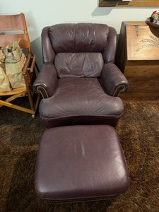 Traditional Burgundy Leather Club Chair & Ottoman Nailhead Trim
