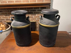 Pair of Vintage Style Black Milk Can Decor Containers Brass Band