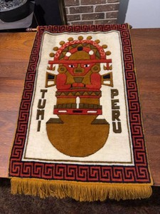 Vintage Peru Tumi Wall Hanging Textile Rug with Fringe Geometric Border