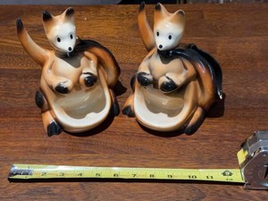 Pair of Vintage 1982 Ceramic Fox Figurine Planters Brown Black Glaze