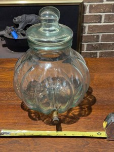 Pumpkin Shaped Aqua Glass Beverage Dispenser Jar With Lid Spigot