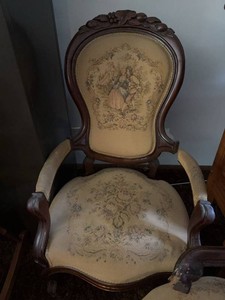 Victorian Style Walnut Parlor Chair Set w Footstool Tapestry Upholstery