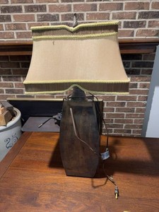 Vintage Patinated Metal Table Lamp w Rectangular Bell Shade