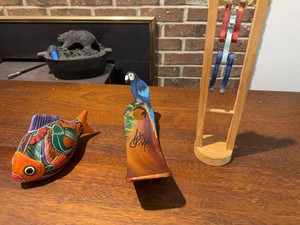 Lot of Assorted Folk Art Wood Decor Fish Parrot Wine Holder Chime