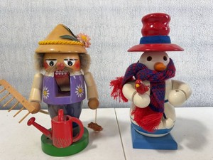Pair of Steinbach German Wooden Nutcracker & Snowman Smoker Figures