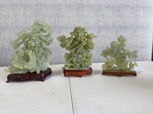 Set of 3 Chinese Carved Green Hardstone Bird Figurines w Stands