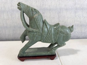 Carved Green Stone Horse Figurine on Wood Stand Asian Style Decor