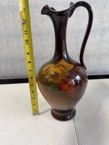 Vintage Hand Painted Pottery Ewer Vase Brown Floral Design 13in