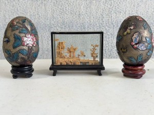 Vintage Cloisonne Style Eggs & Chinese Cork Diorama Decor Lot