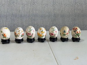 Set of 7 Hand Painted Decorative Eggs with Black Wood Stands
