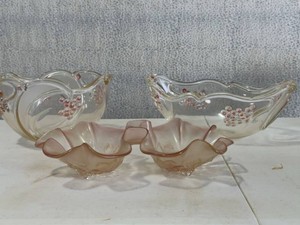 Vintage Art Glass Console Bowls & Pink Divided Candy Dish Set