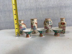 Set of 7 Asian Porcelain Miniature Vases & Pedestal Cups Floral