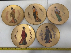Set of 5 Japanese Geisha Wall Plates Gold Foil Decor 12in