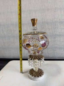 Vintage Hollywood Regency Covered Art Glass Urn w Crystal Prisms