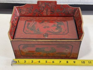 Vintage Red Lacquer Asian Decorative Box with Mirror Lid Panel