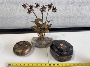 Lot of Assorted Asian Decor Lacquer Box Metal Flower Sculpture Vase