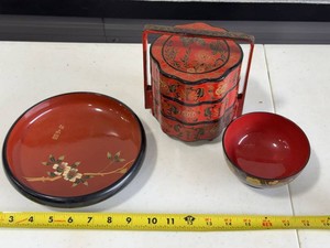 Vintage Japanese Lacquerware Tray Bowl & Tiered Jubako Box