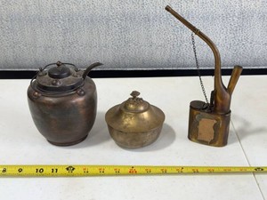 Vintage Asian Brass Copper Decorative Teapot Box Oiler Set