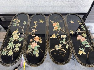 Set of 4 Asian Black Lacquer Hardstone Inlay Wall Panels Birds Floral