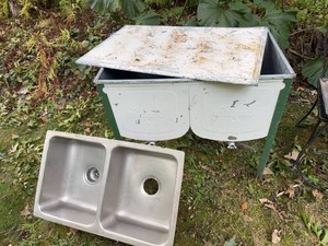 Vintage Metal Wash Stand with Lid plus Double Basin Stainless Sink
