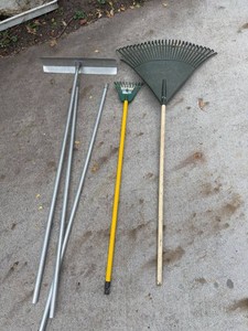 Mixed Yard Tools Lot Grasshog Trimmer Rakes Bow Saw Push Broom