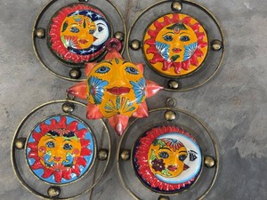 Talavera Style Sun Moon Ceramic Wall Art Hanging Decor Set of 5