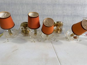 Set of 4 Crystal Glass Wall Sconces Brass Tone Orange Shades