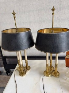 Vintage Brass Tone 3-Light Table Lamps Pair Black Drum Shades