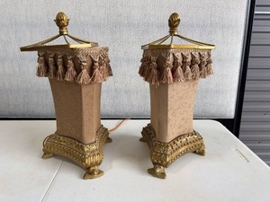 Pair of Ornate Gold Tone Boudoir Accent Table Lamps w Tassel Shades