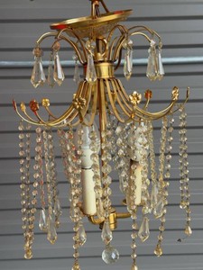 Vintage Hollywood Regency Brass Tone Crystal 3-Light Chandelier