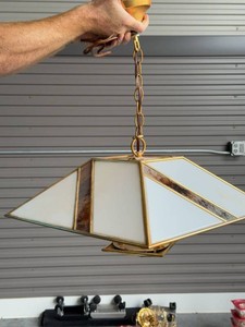 Vintage Brass Tone Geometric Pendant Light White Paneled Hanging Fixture