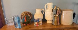 Vintage Decor Lot Glass Floral Bowl Turkey Figure Bisque Pitcher