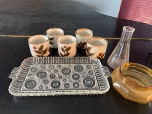 Lot of Vintage Japanese Stoneware Cups Glass Tray Vase Amber Bowl