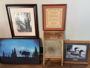 Vintage Framed Wall Art & Silver Prince Washboard Decor Lot