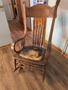 Antique Pressed Back Oak Rocking Chair w Tack Seat See Photos