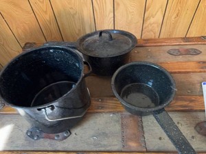 Vintage Black Speckled Enamelware Cookware Set Pot Pan Bucket