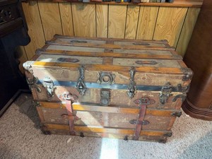 Antique Flat Top Steamer Trunk Wood Slat Canvas Covered Chest