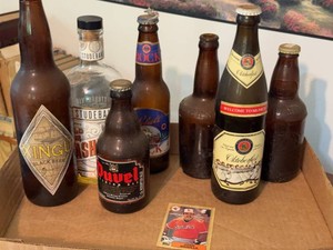 Lot of Vintage Beer Bottles with Topps Juan Bonilla Baseball Card