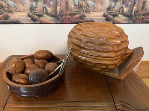 Vintage Carved Wood Lidded Bowl & Wooden Nut Bowl Decor Lot