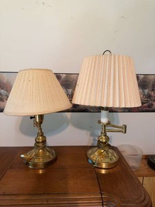 Pair of Vintage Brass Tone Table Lamps w Pleated Shades Swing Arm