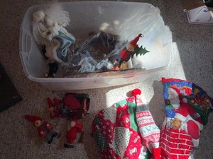 Vintage Christmas Decor Lot Angel Elf Wagon Quilted Santa Tree Skirt