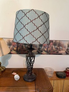 Bronze Tone Metal Table Lamp with Blue Quatrefoil Drum Shade